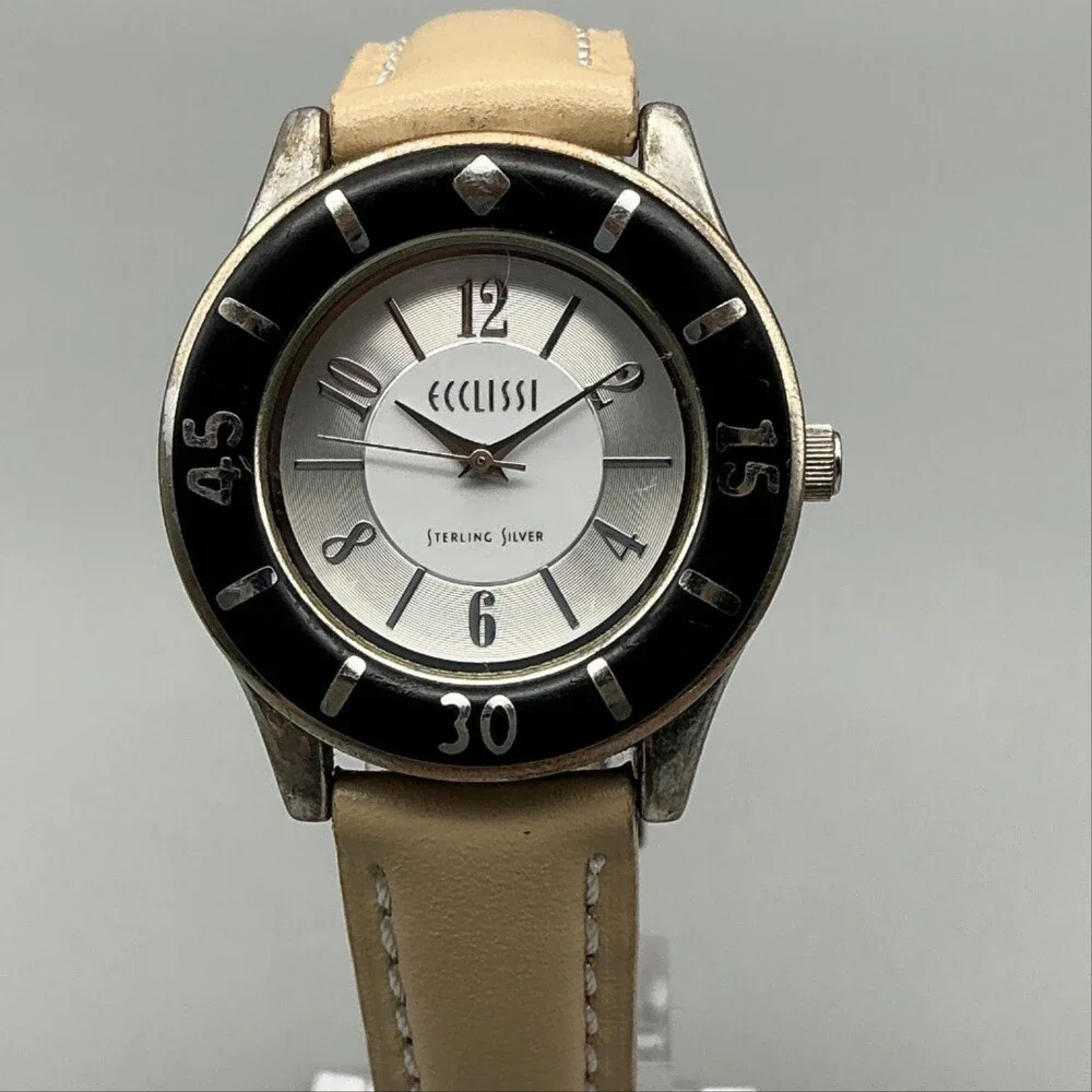 Ecclissi Womens Watch 33mm Sterling Silver Black Beige Leather 23515 New Battery